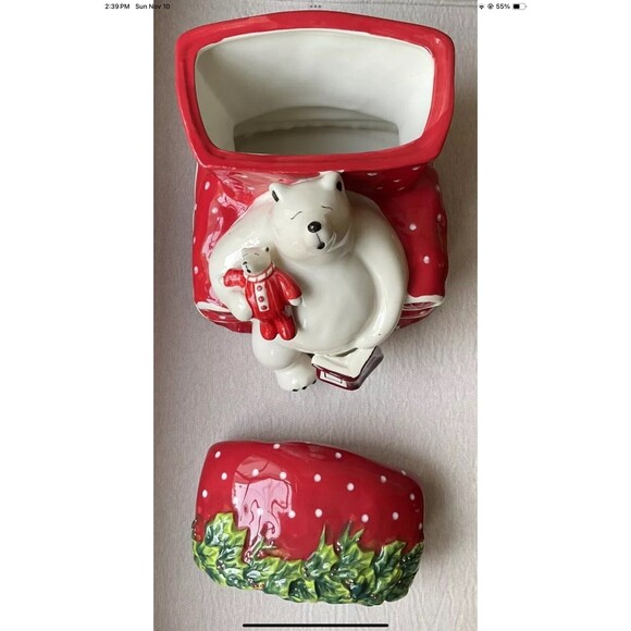 Blue Sky Heather Goldminc Christmas Sleeping Polar Bear Cookie Jar W/Lid - Picture 5 of 9